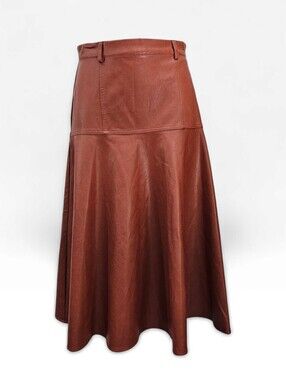EVA FRANCO Faux Leather Brown High Waisted Midi Allas Flare Skirt S